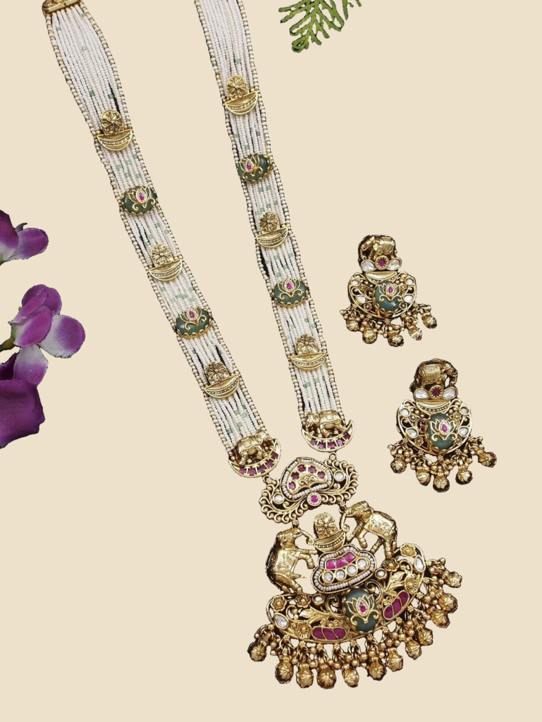 Long Pearl-Strand Temple Necklace Set with Jhumkas