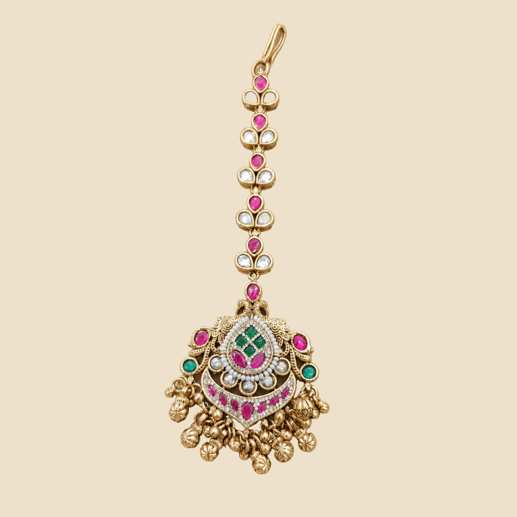 Antique Gold Ruby Green Pearl Maang Tikka
