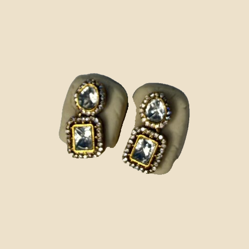 Elegant Gold-Tone Studded Rectangular Earrings with Multicolored Gemstones