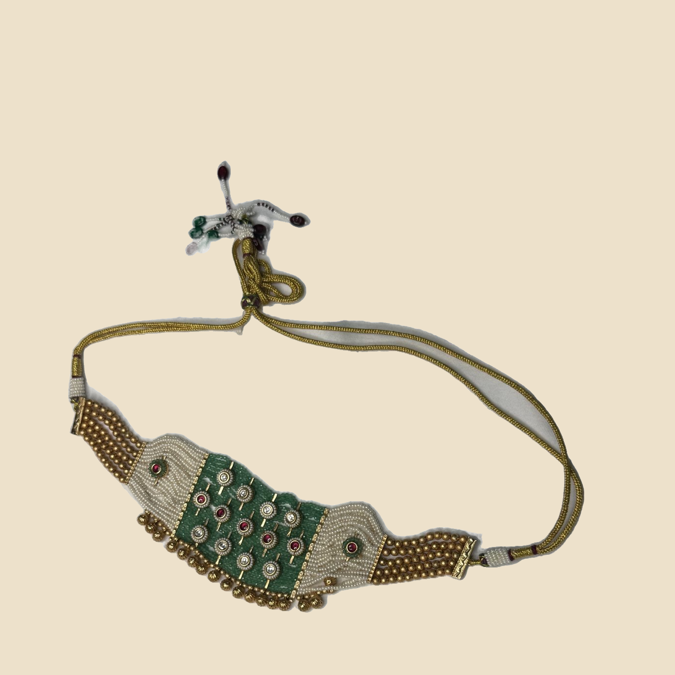 Gold-Toned Green Stone Choker Necklace Set with Jhumka Earrings