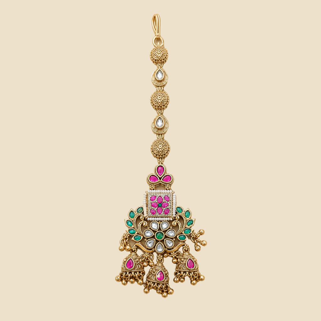Antique Gold Peacock Jhumka Maang Tikka