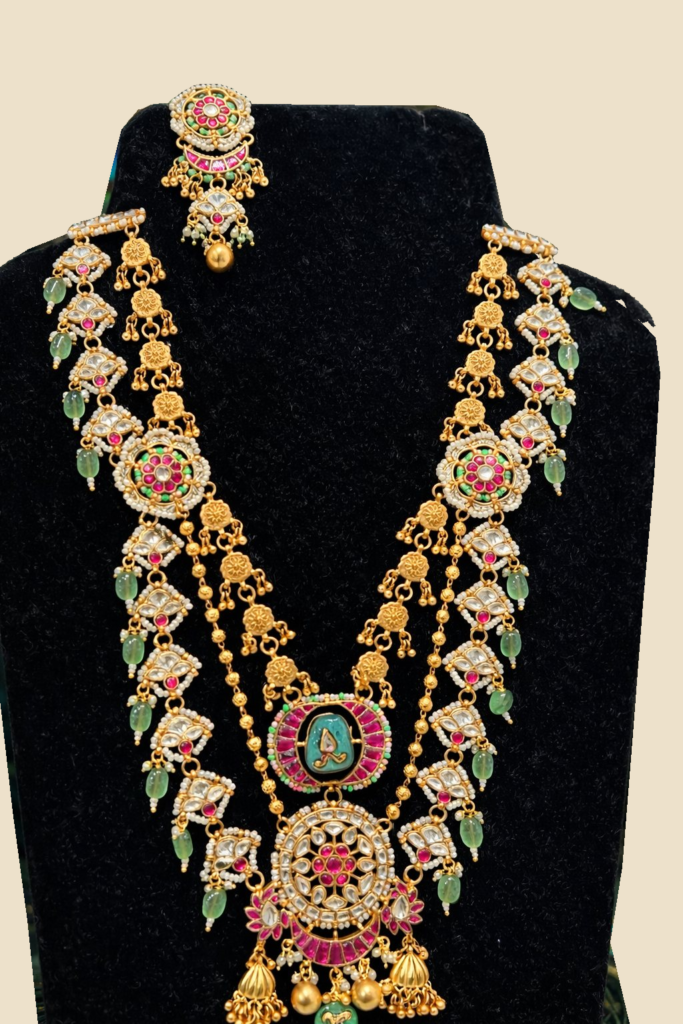Traditional Gold-Toned Kundan Necklace Set with Green and Pink Stones