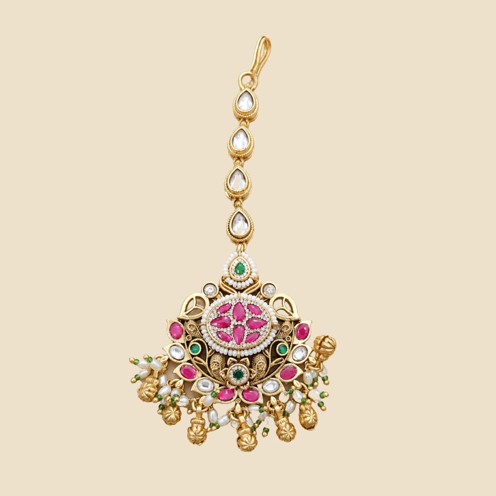 Antique Gold Floral Navratna Maang Tikka
