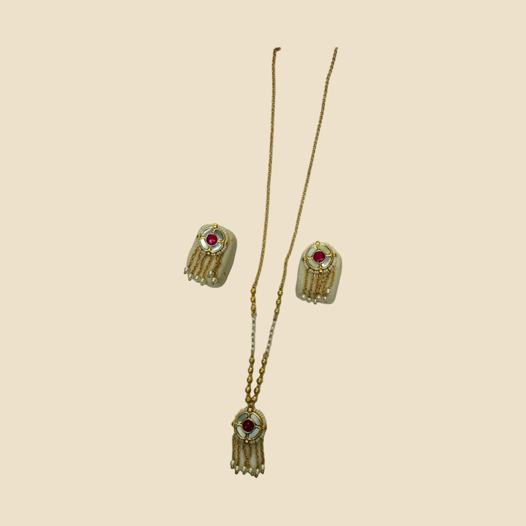 Gold-Toned Pendant Necklace and Earrings Set with Red Stone and Pearl Drops