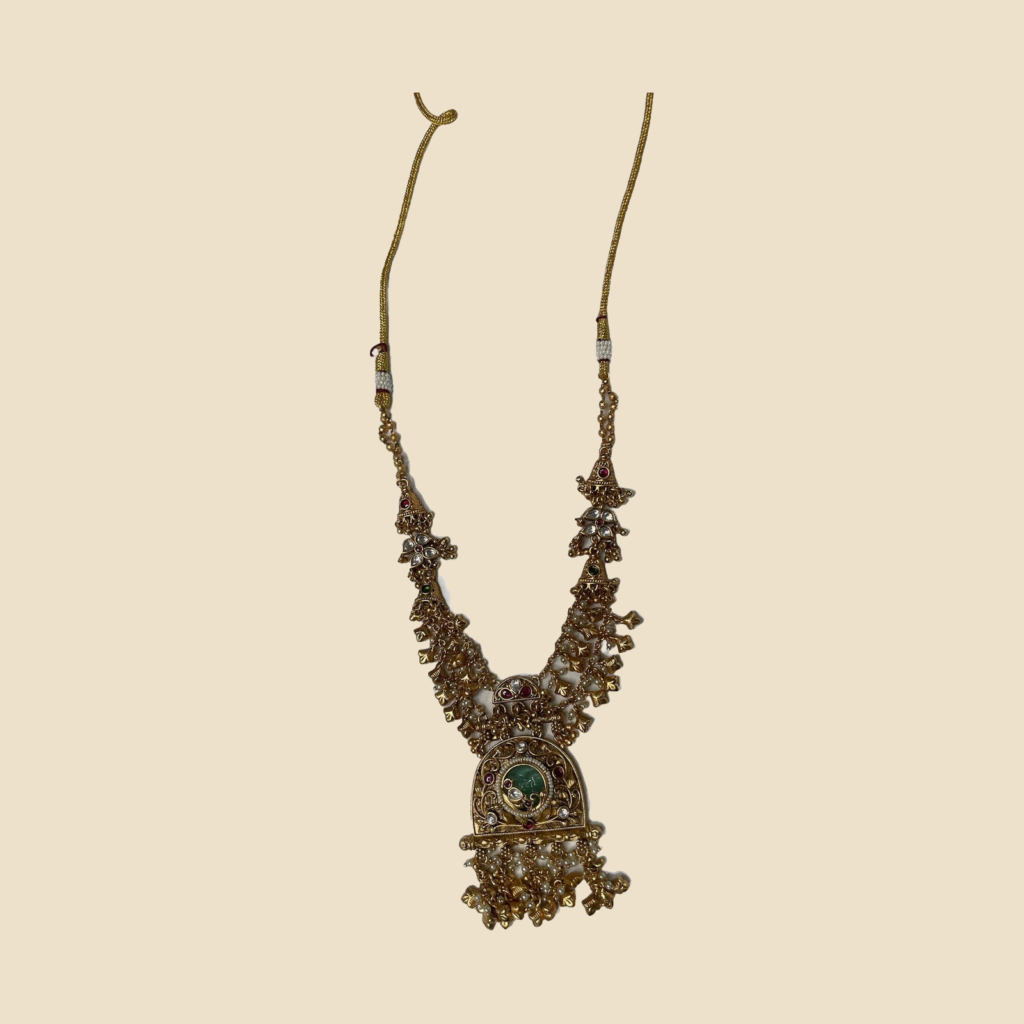 Traditional Antique Gold-Plated Kundan Necklace Set with Green and Pink Stones
