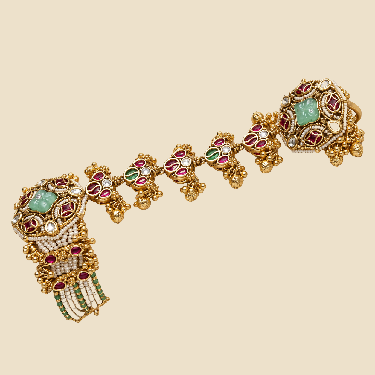 Antique Gold Plated Hand Harness with Green Stone - Traditional Bridal Hathphool Jewelry - Image 2