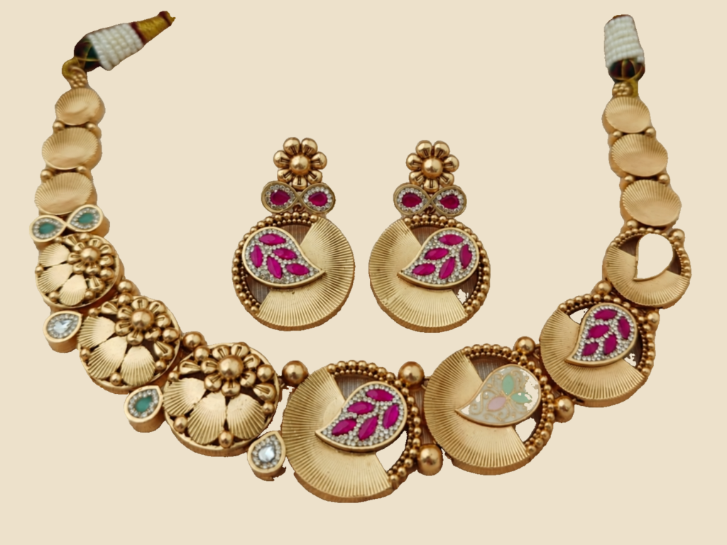 Elegant Gold-Toned Peacock Design Necklace and Earring Set with Pink Meenakari Work