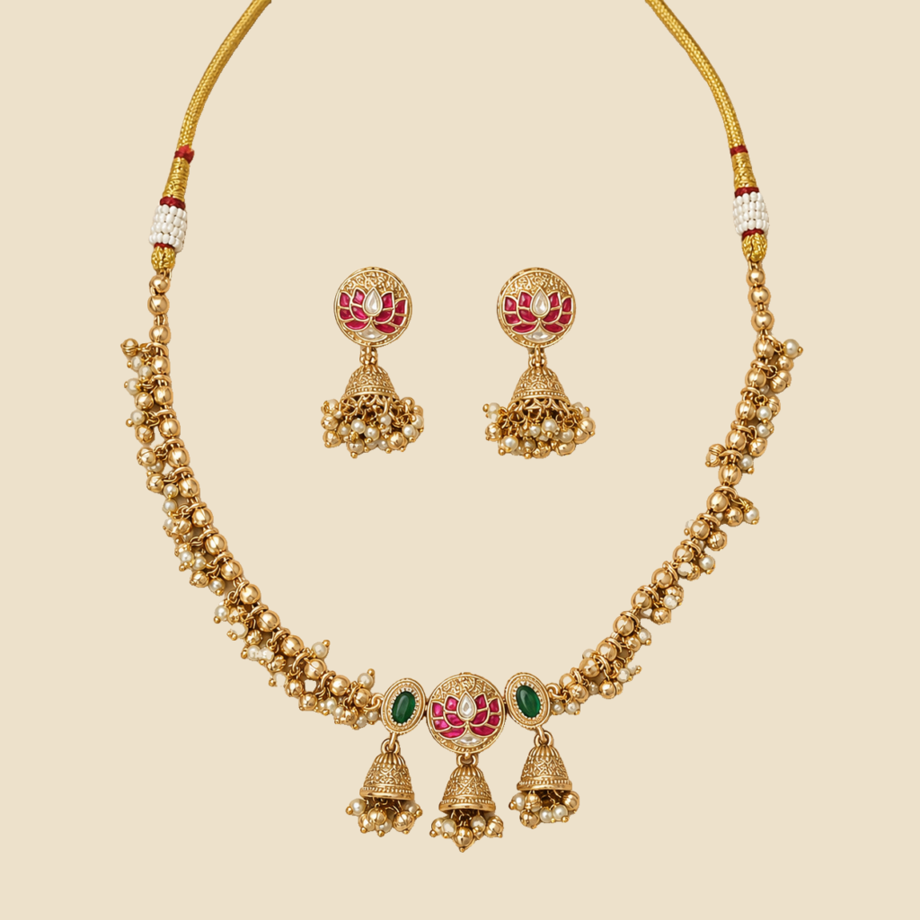Antique Gold Ruby Lotus Triple Jhumka Necklace Set