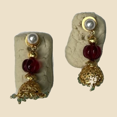 Gold-Toned Red Bead Drop Earrings with Textured Ball Charm