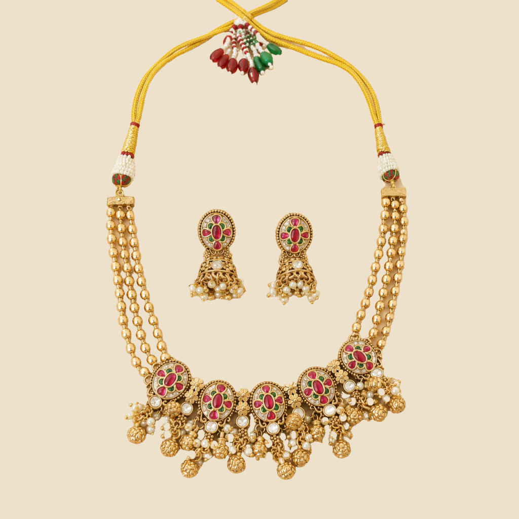 Antique Gold Ruby Green Floral Medallion Necklace Set
