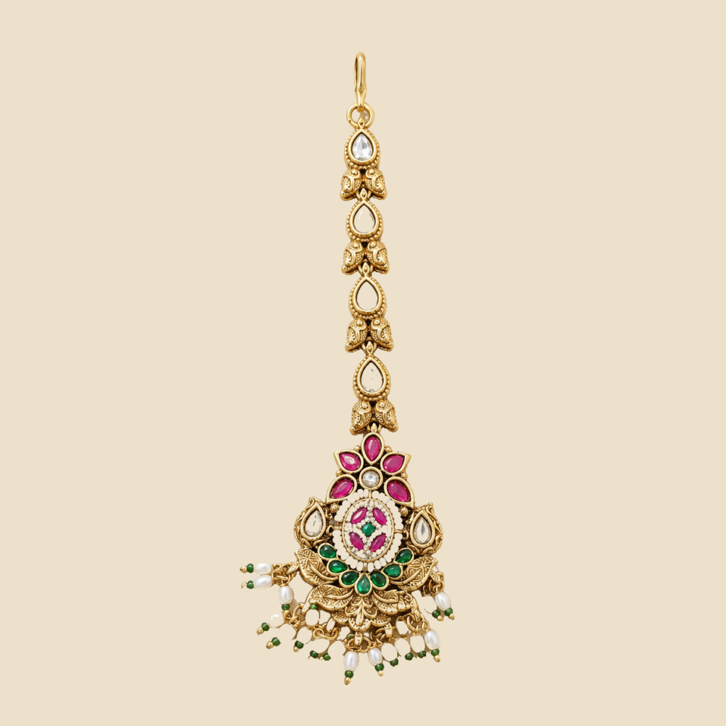 Antique Gold Lotus Navratna Maang Tikka