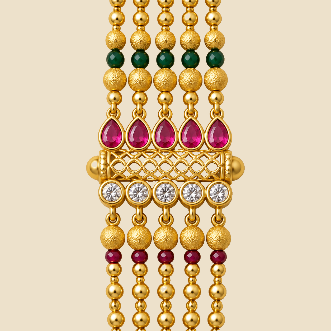 Traditional Gold-Plated Multi-Strand Bracelet with Ruby, Emerald, and Pearl Embellishments - Image 3