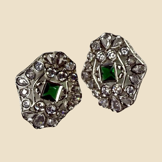 Vintage Emerald Green Stone Silver Earrings