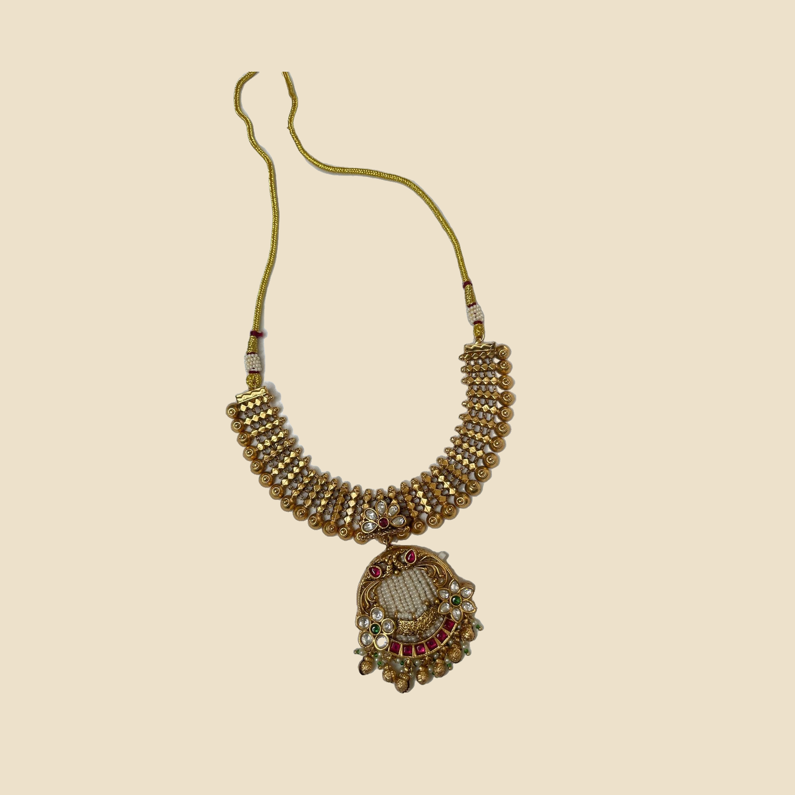 Traditional Gold-Toned Temple Jewellery Necklace Set with Jhumka Earrings