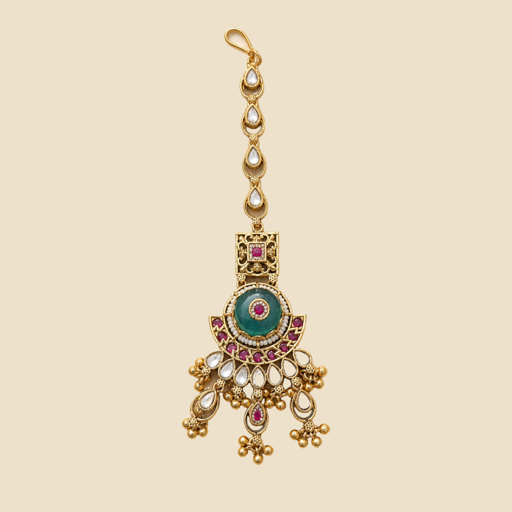 Antique Gold Teal Ruby Kundan Maang Tikka