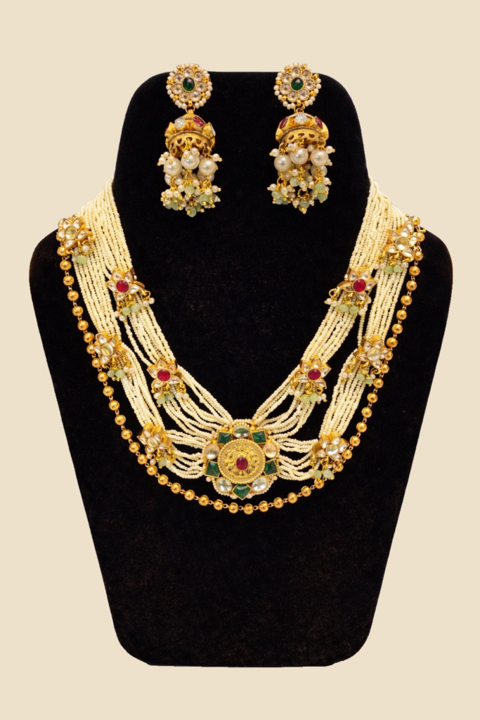 Traditional Gold-Toned Kundan and Pearl Necklace Set with Jhumka Earrings