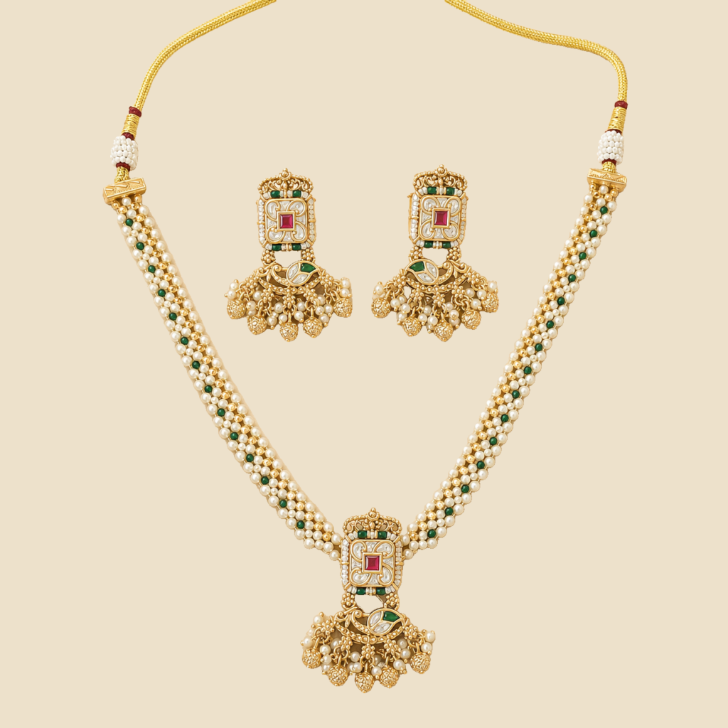 Antique Gold Ruby Green Geometric Pearl Necklace Set