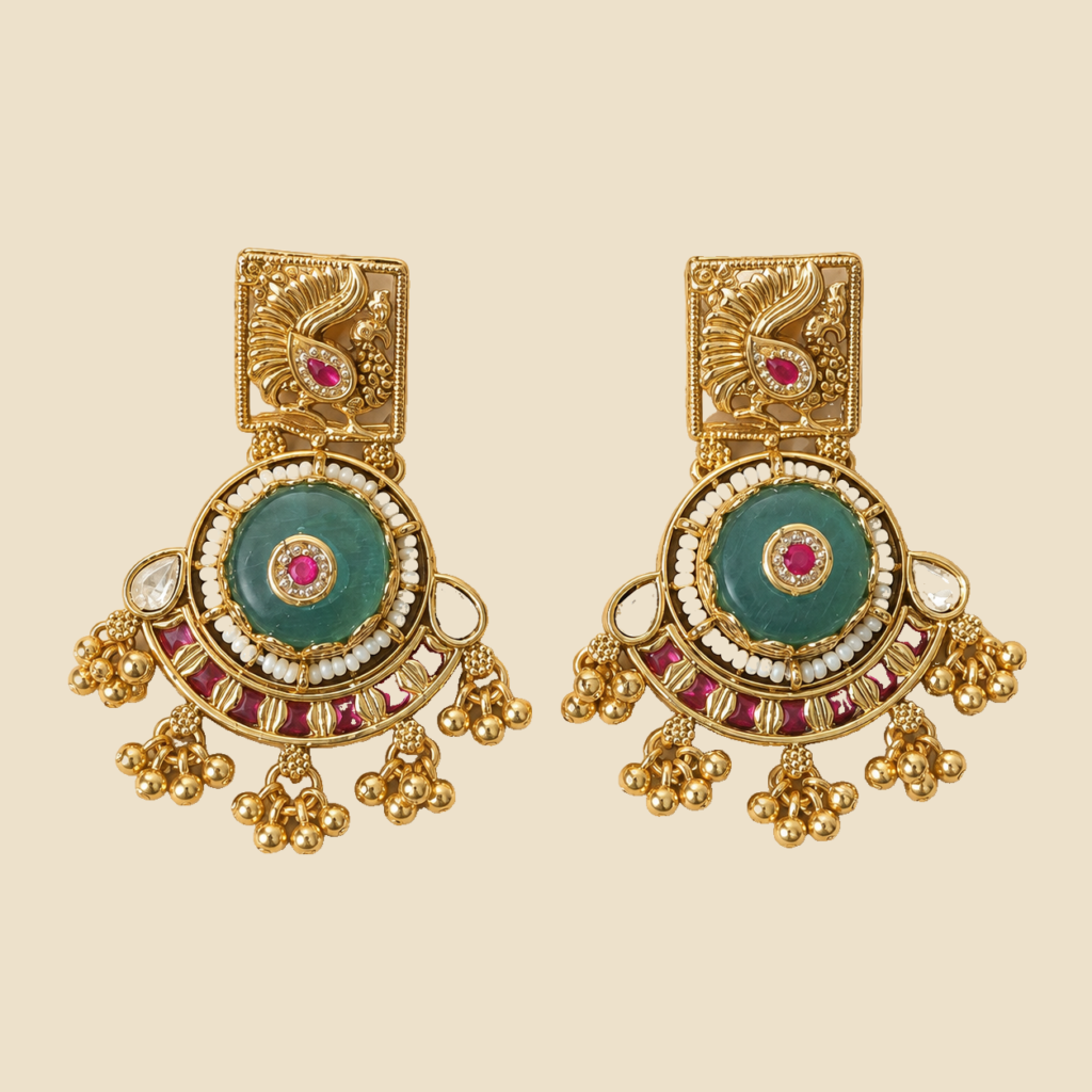 Antique Gold Peacock Teal Ruby Statement Earrings