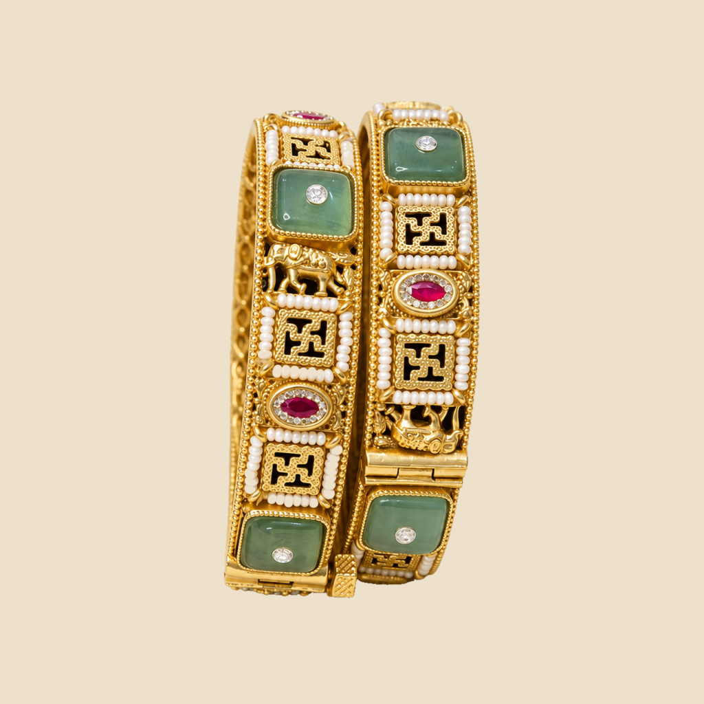 Traditional Gold-Plated Jadau Kundan Bangles with Green and Pink Stones