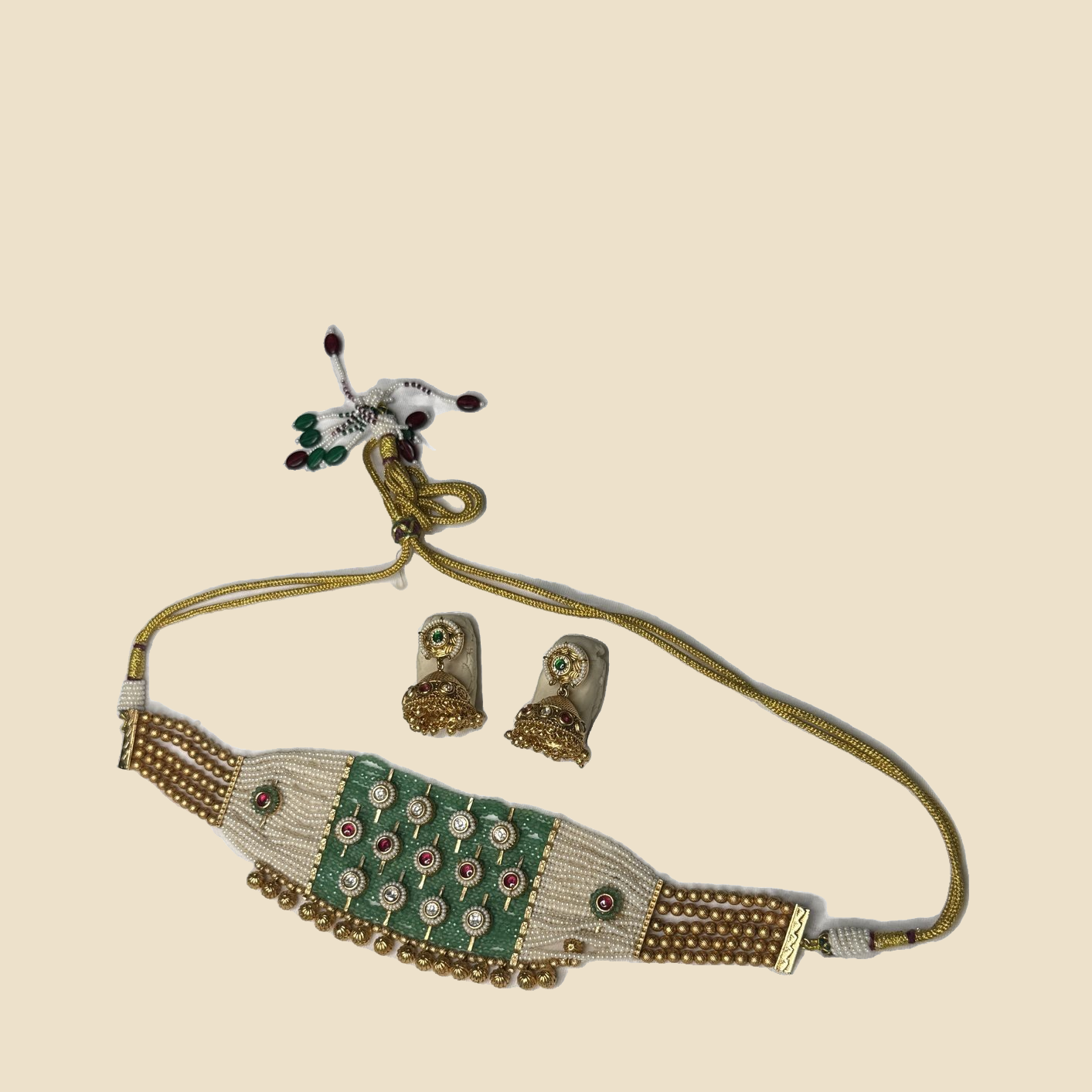 Gold-Toned Green Stone Choker Necklace Set with Jhumka Earrings - Image 2