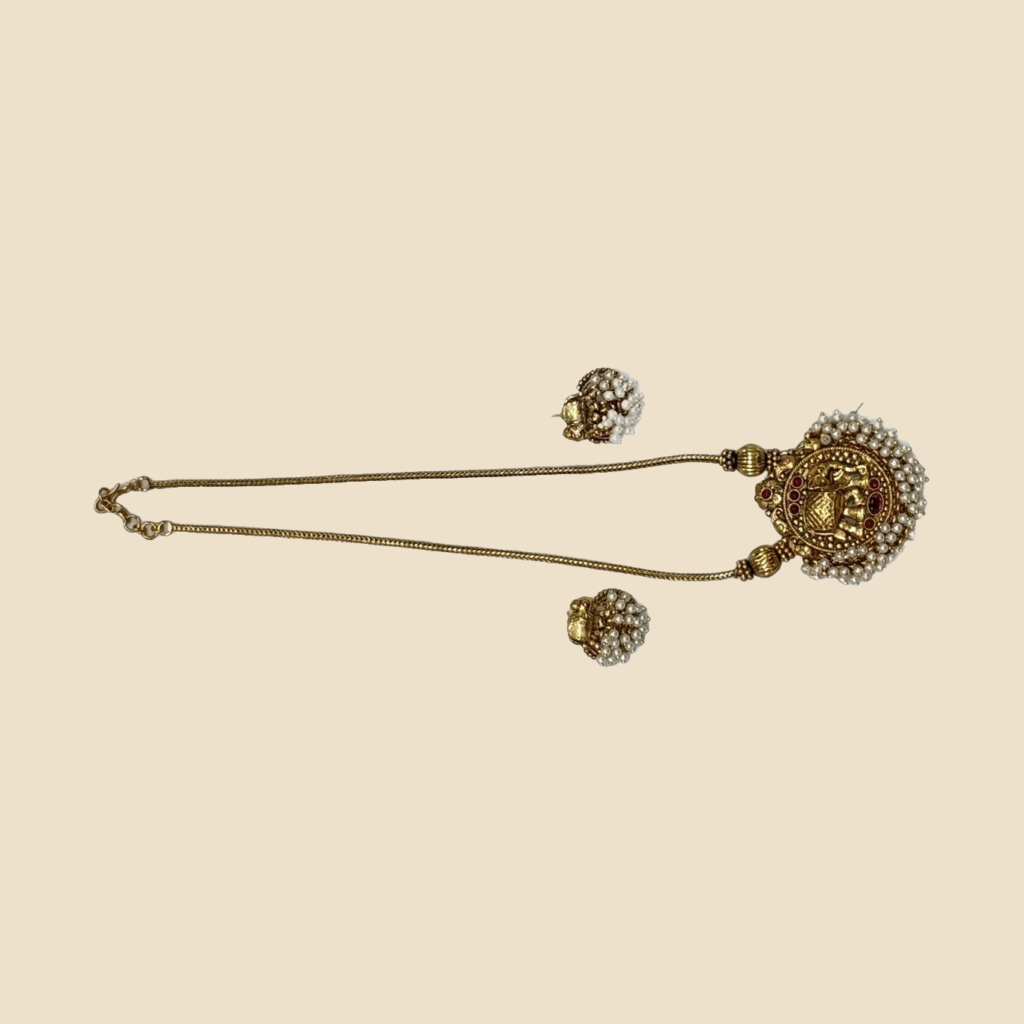 Gold-Toned Pearl-Studded Pendant Necklace with Matching Earrings