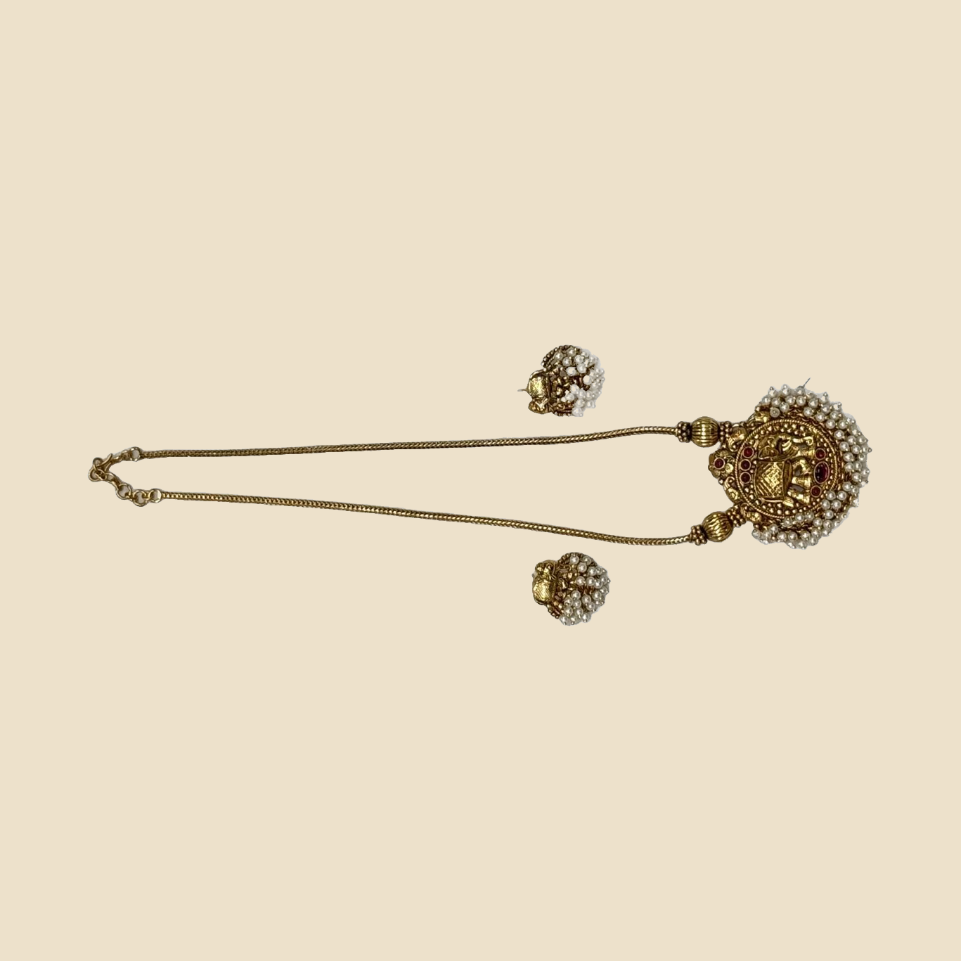 Gold-Toned Pearl-Studded Pendant Necklace with Matching Earrings