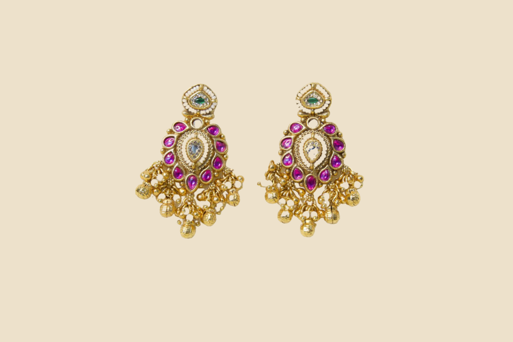 Traditional Gold-Toned Chandbali Earrings with Pink Stones and Pearl Drops