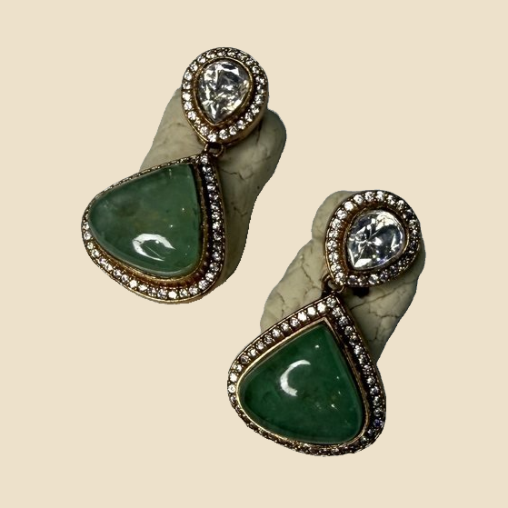 Green Stone Paisley Earrings with Crystal Accents