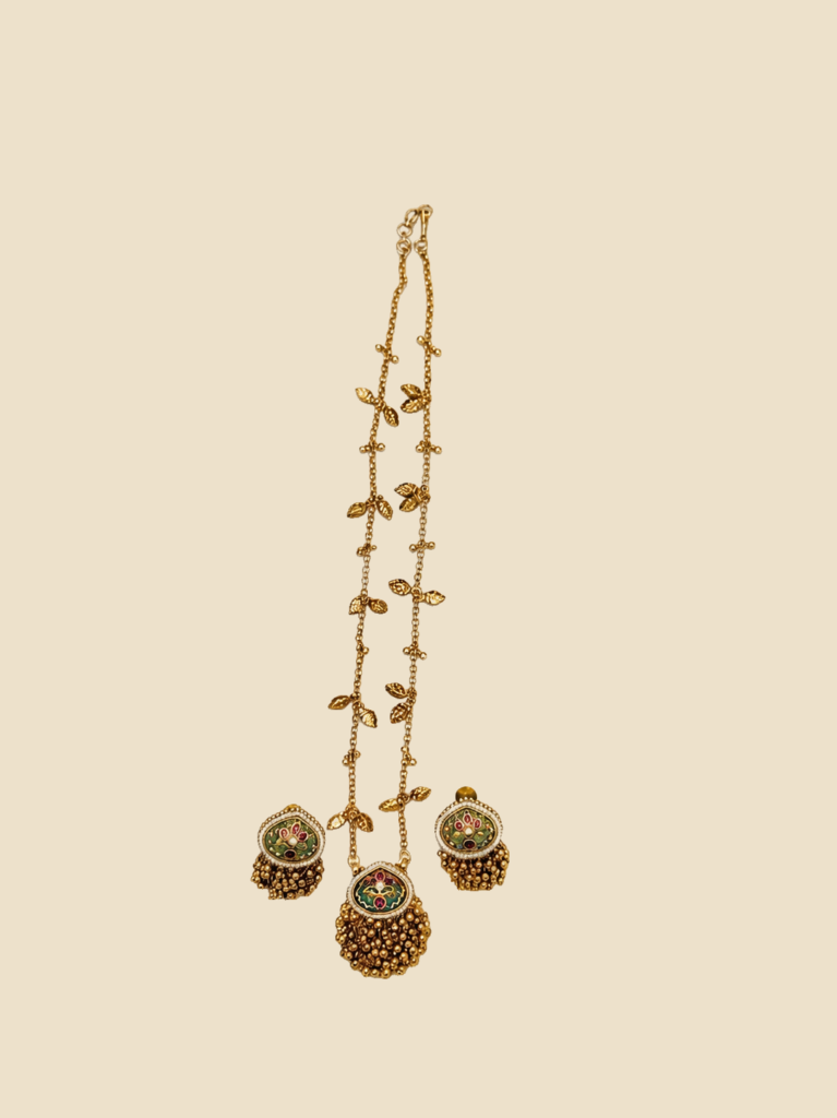 Traditional Gold-Toned Long Chain Necklace Set with Green Stone Pendants