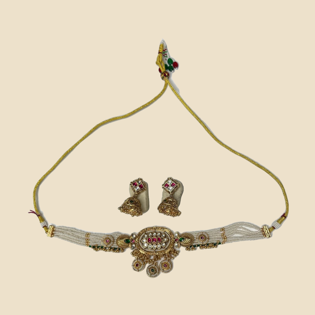 Traditional Gold-Toned Choker Necklace Set with Jhumka Earrings