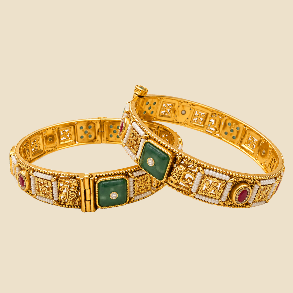Traditional Gold Plated Kundan Bangles with Green Stones (Set of 2)
