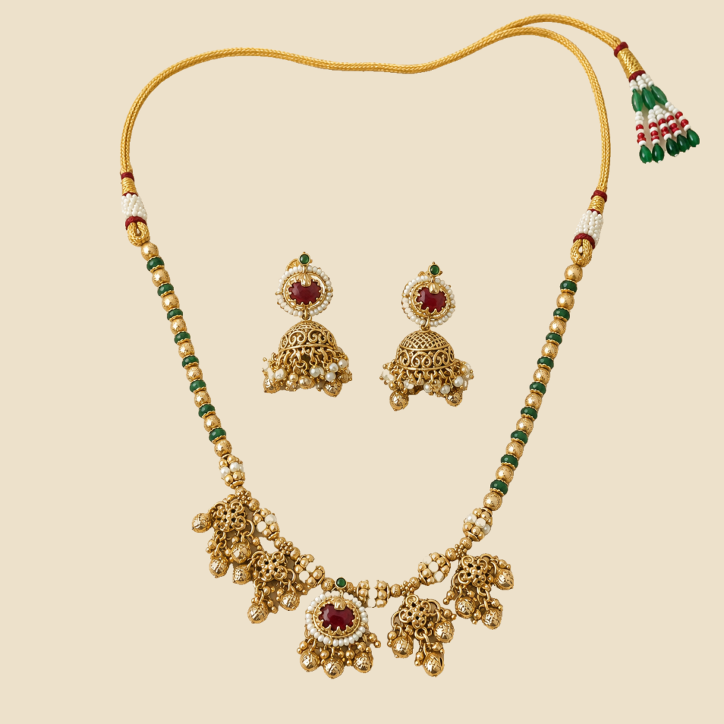 Antique Gold Ruby Green Bead Jhumka Necklace Set
