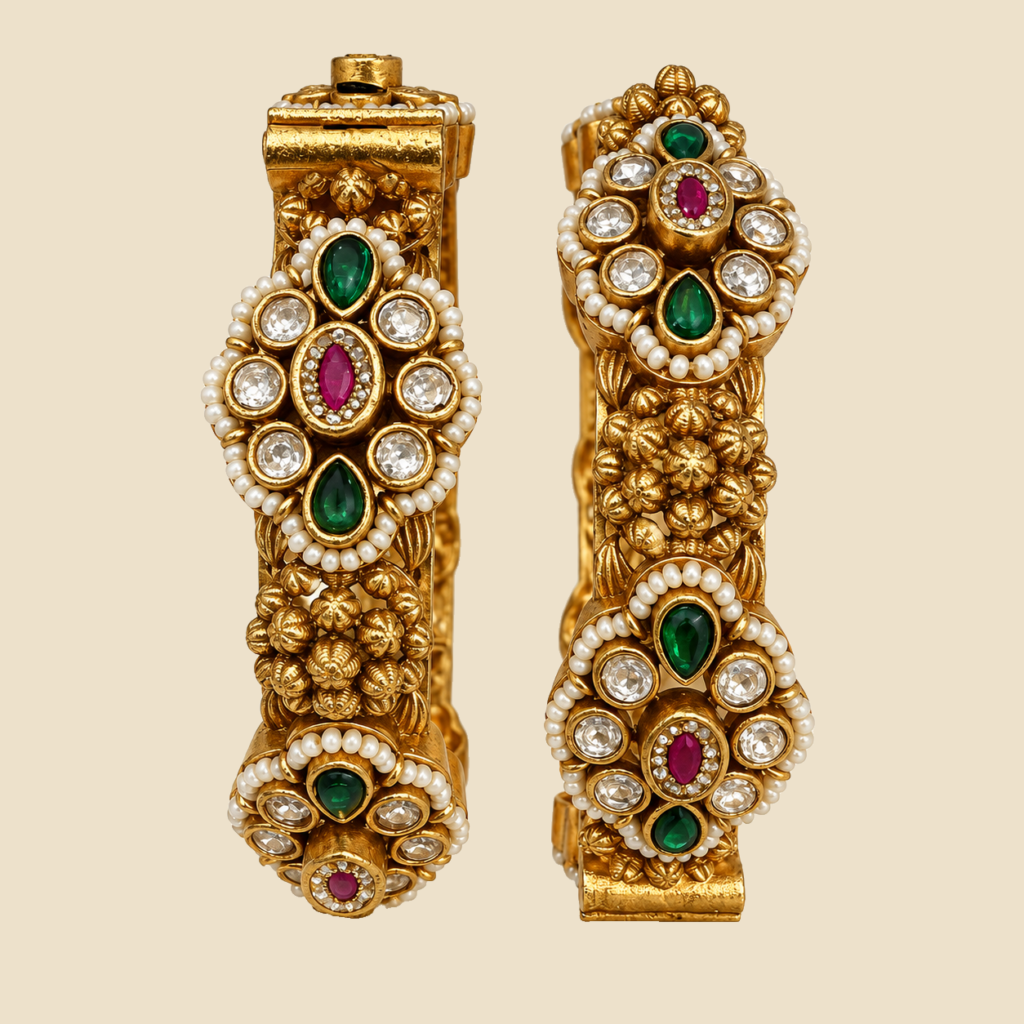 Traditional Gold-Plated Kundan Bangles with Gemstones and Pearls (Set of 2)