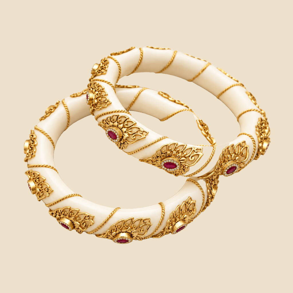 Gold-Plated Ivory Bangles with Ruby Accents and Peacock Motifs (Set of 2)