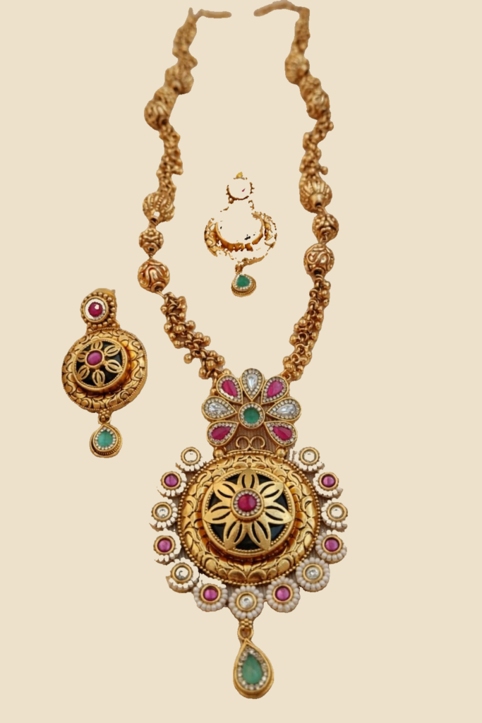 Traditional Gold-Plated Temple Jewelry Necklace Set with Multicolor Stones