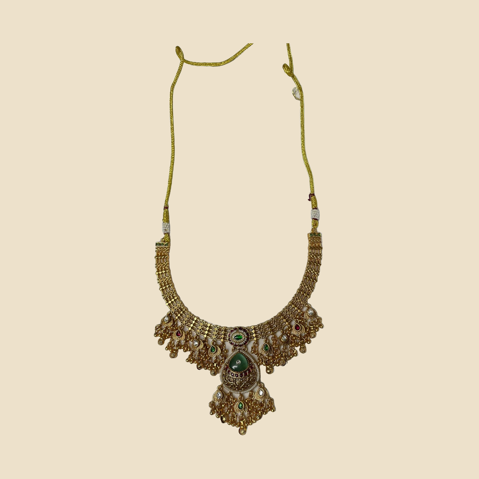 Gold-Plated Green Stone Kundan Necklace Set with Matching Earrings