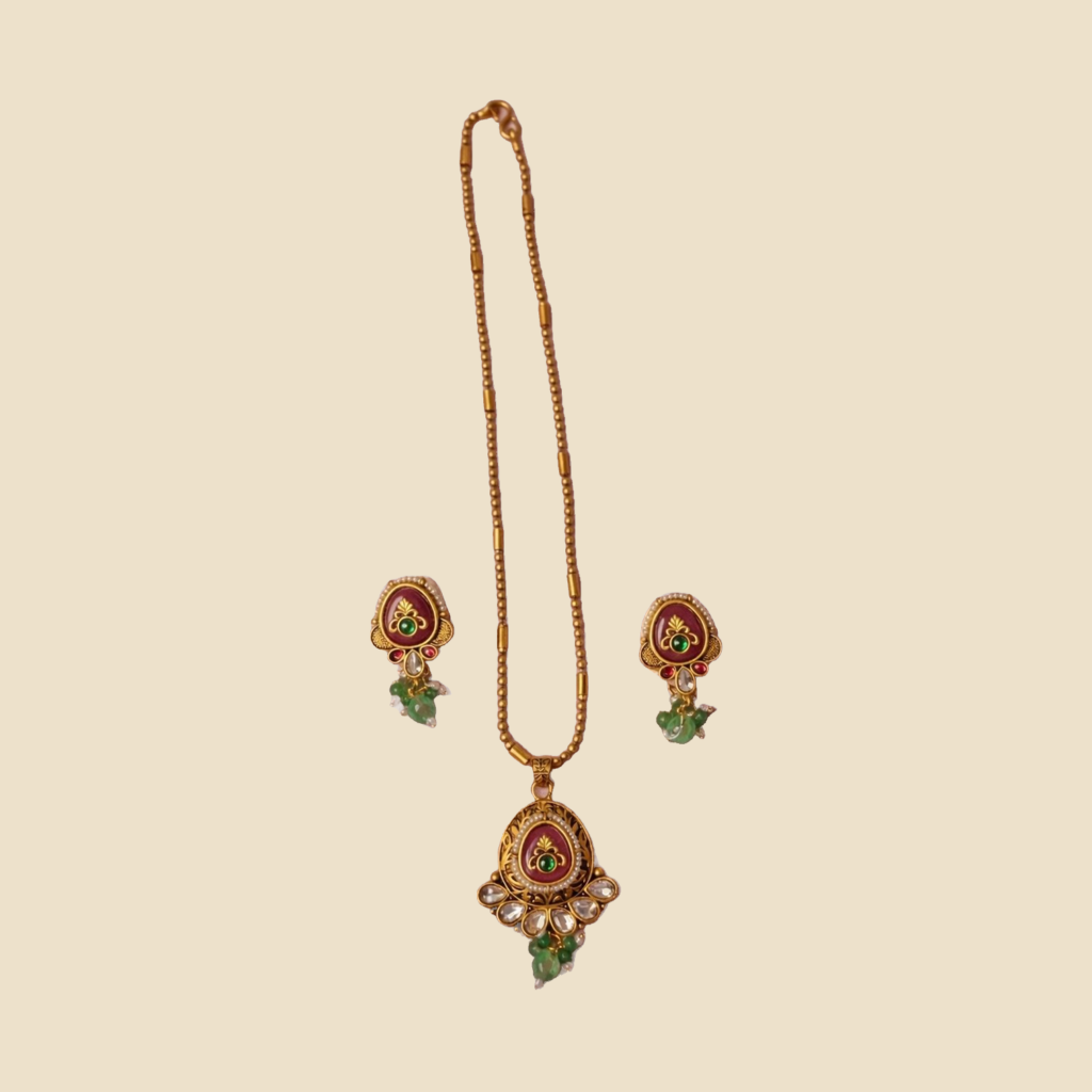 Traditional Gold-Toned Kundan Necklace Set with Green Beads
