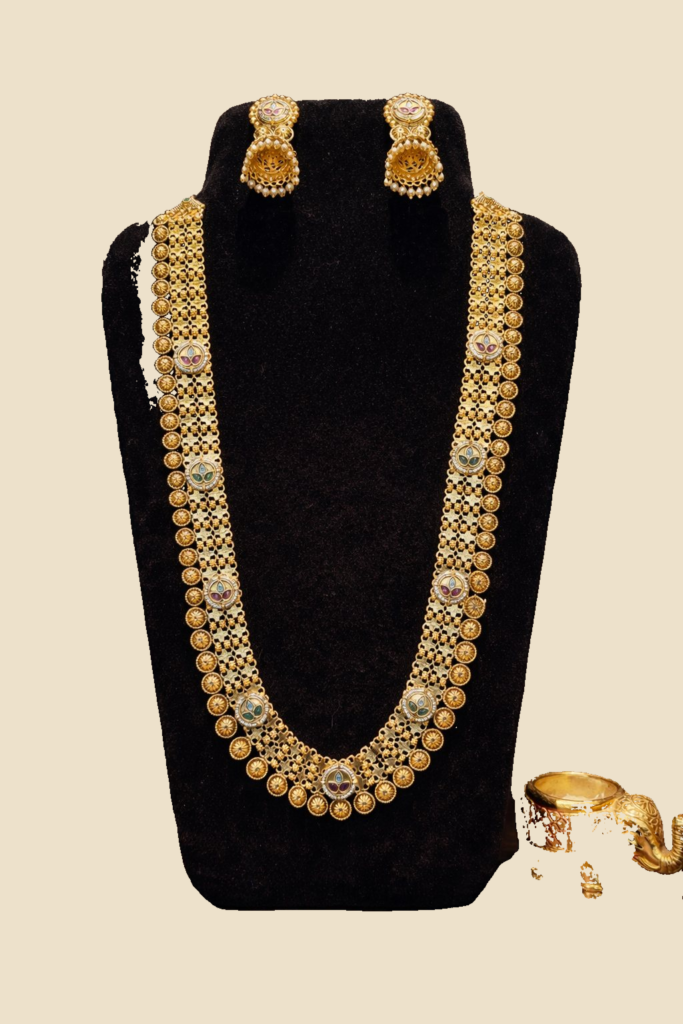 Traditional Gold-Toned Temple Coin Long Necklace Set with Jhumka Earrings