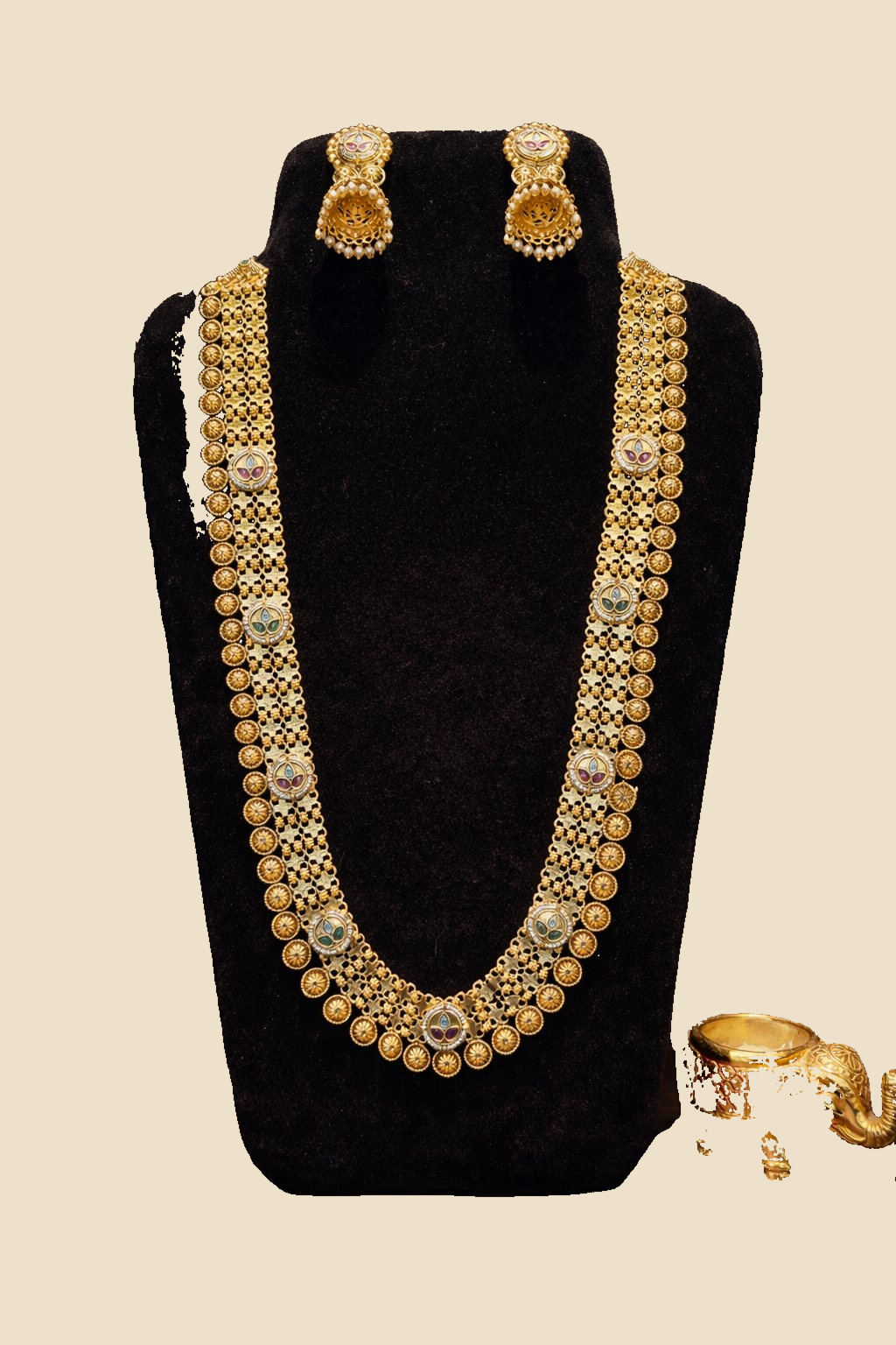 Traditional Gold-Toned Temple Coin Long Necklace Set with Jhumka Earrings