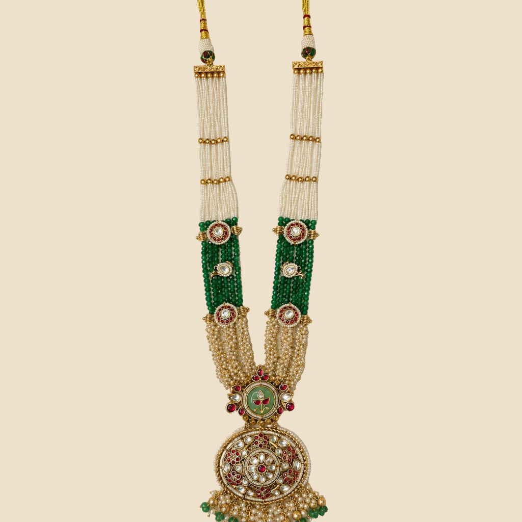 Traditional Green and Gold Pearl Beaded Long Necklace with Matching Earrings