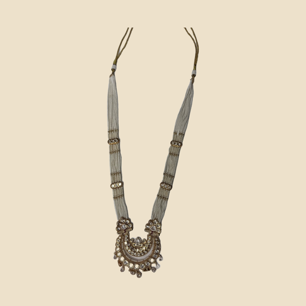 Traditional White Beaded Long Necklace Set with Matching Earrings