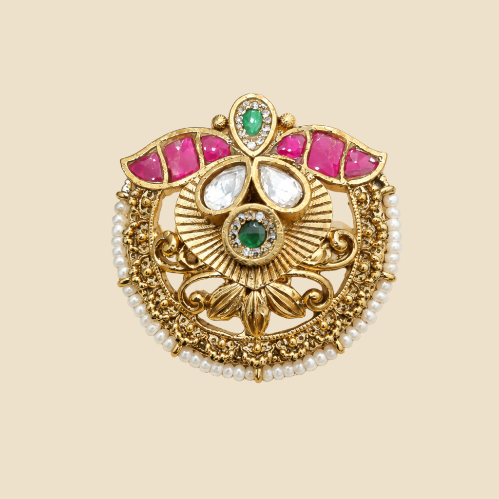 Antique Gold Ruby Green Pearl Medallion Statement Ring