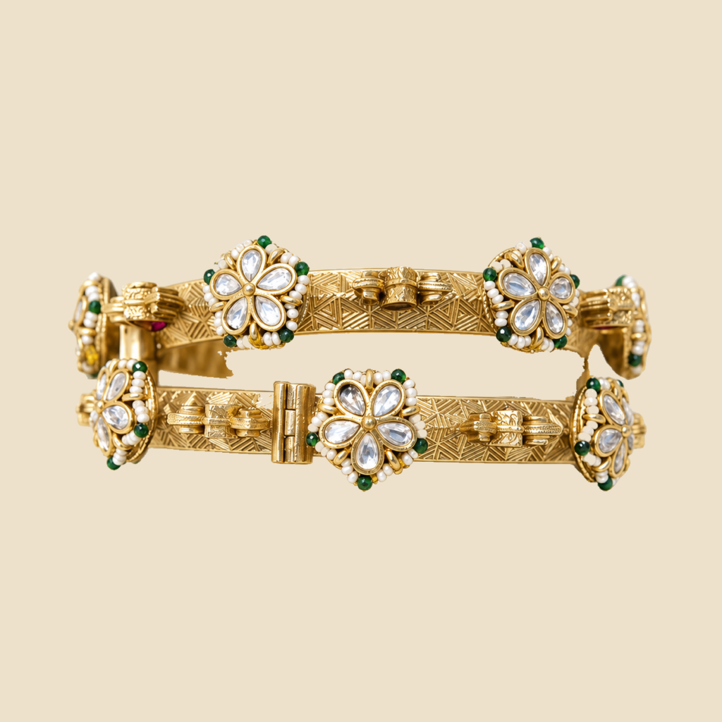 Gold-Plated Floral Bangles with Meenakari Work (Set of 2)