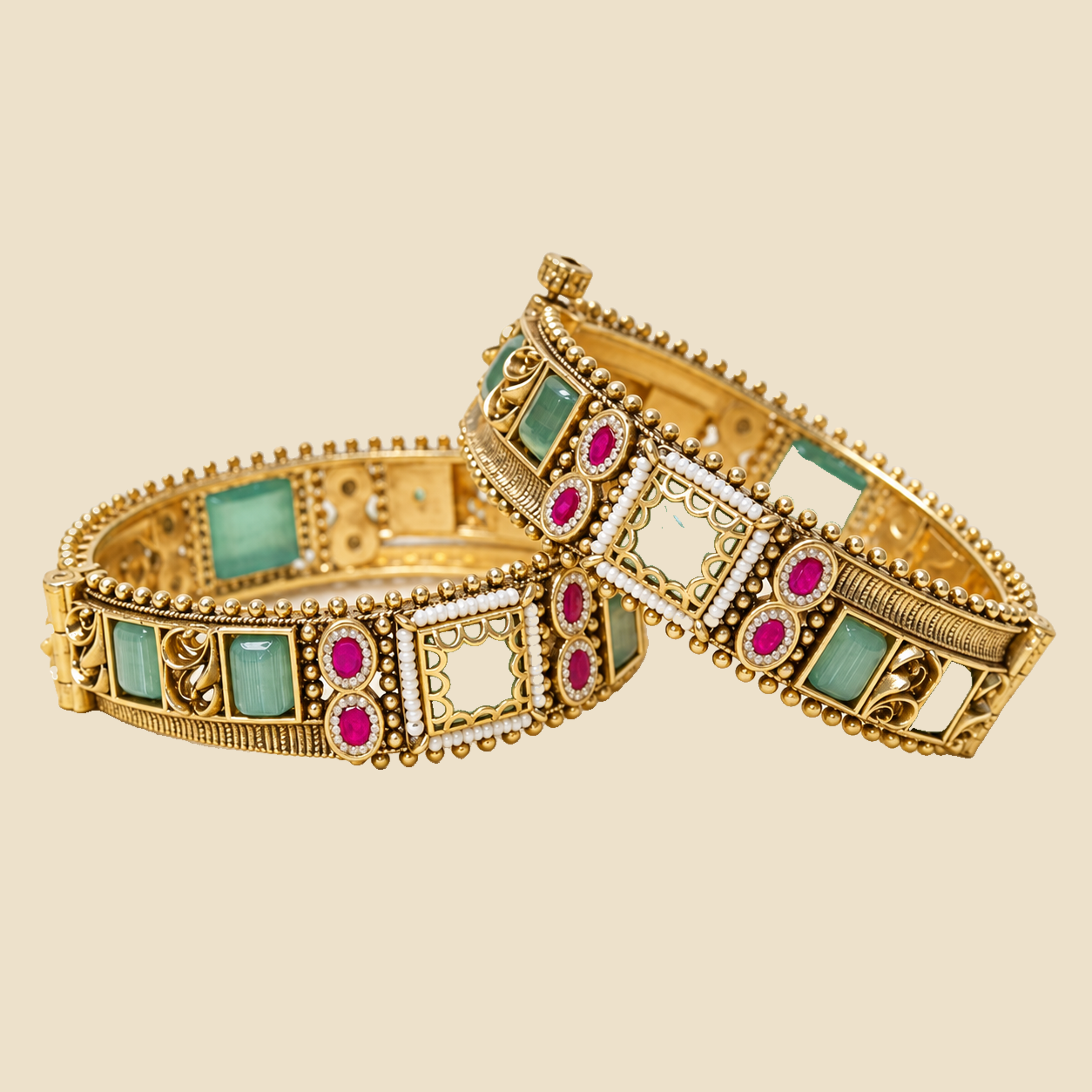 Traditional Kundan Bangles with Green and Pink Stones - Set of 2 - Image 2