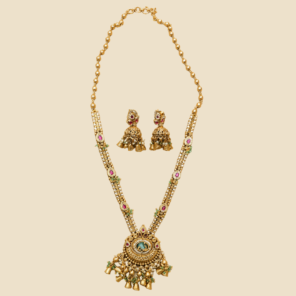 Antique Gold Ruby Green Temple Necklace Set with Jhumkas