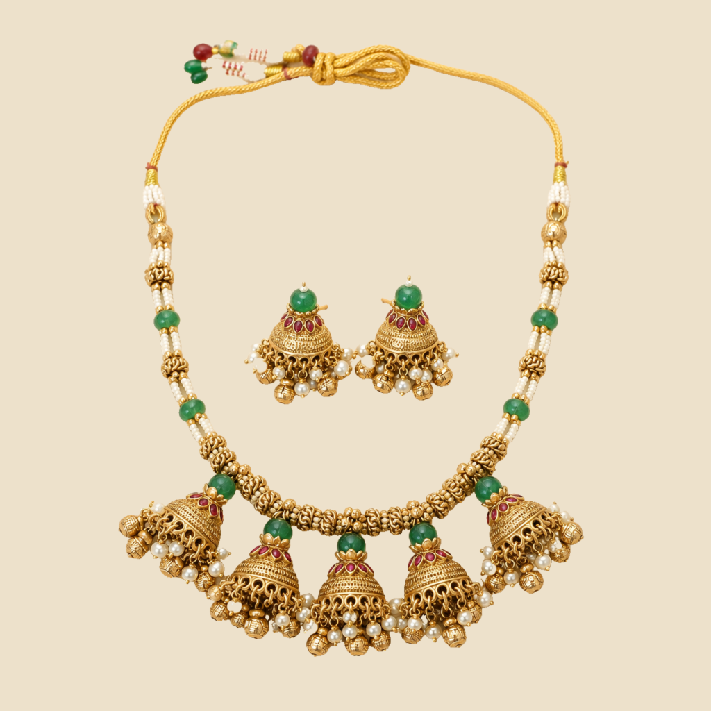 Antique Gold Green Multi-Jhumka Necklace Set