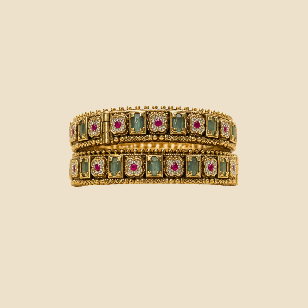 Antique Gold Plated Stone Studded Kada Bangle Set