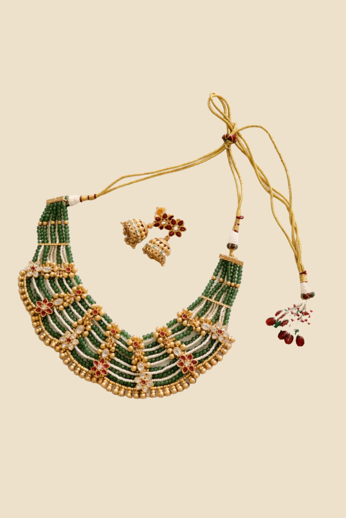 Green and Gold Beaded Traditional Necklace Set with Matching Earrings