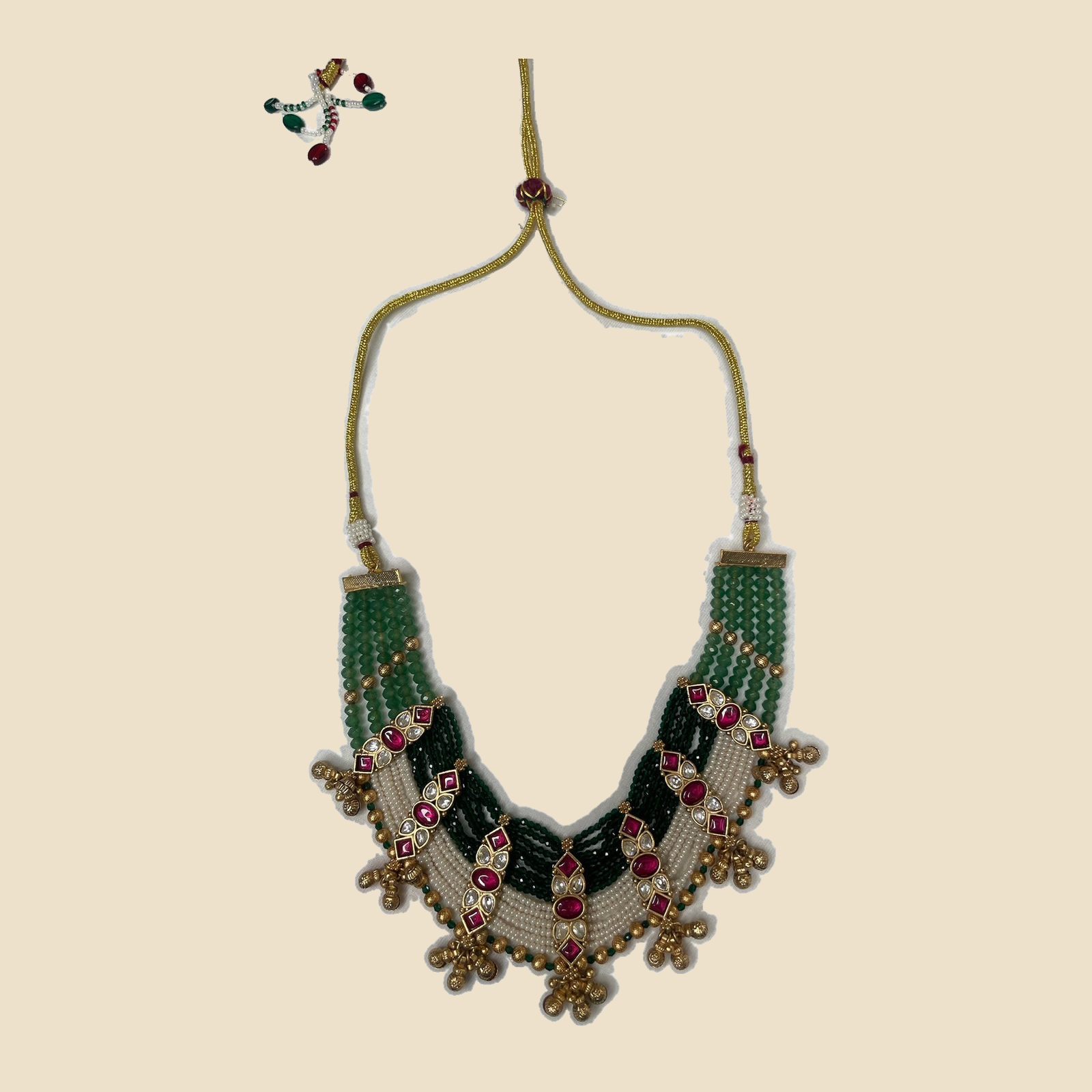 Green and Gold Beaded Necklace Set with Jhumka Earrings - Image 2