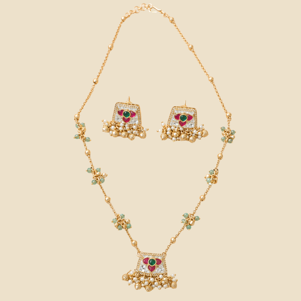 Antique Gold Ruby Green Floral Pendant Set